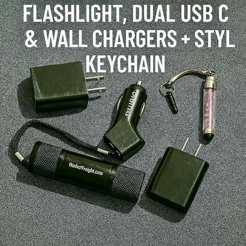 Electronics Gadget Lot –Flashlight, Dual USB Car & Wall Chargers+Stylus Keychain